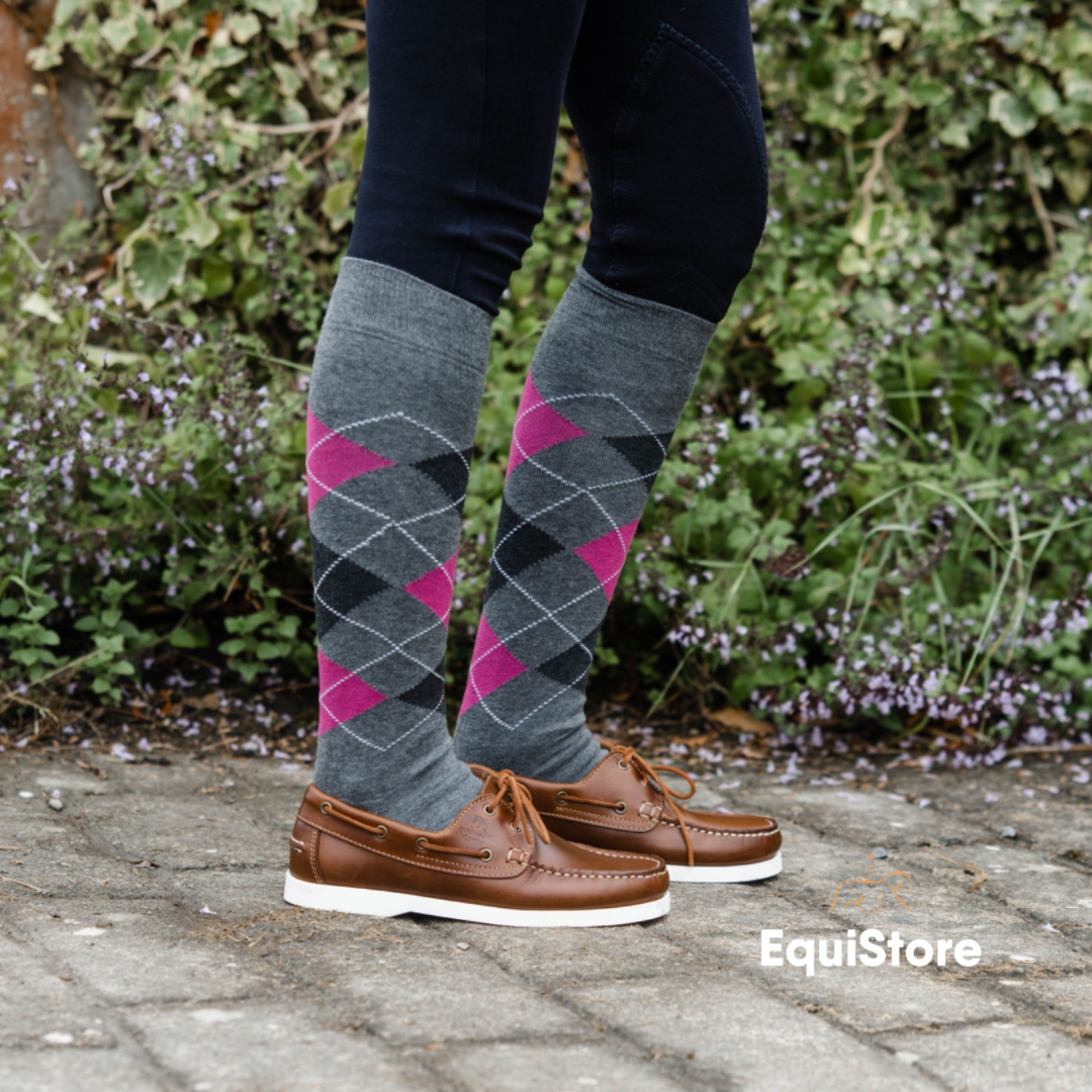 EquiSential Original Sockies, horse riding socks for equestrians in grey/pink argyle print 