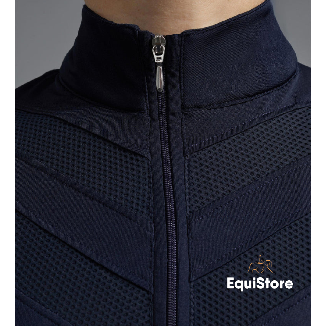 Premier Equine Arclos Ladies Technical Long Sleeve Riding Top in navy, zip detail