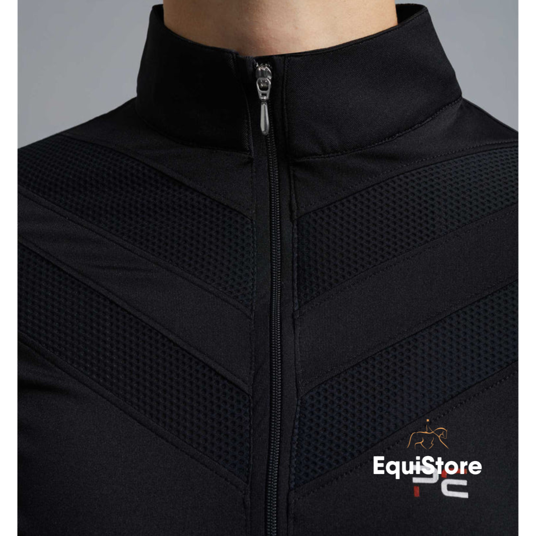 Premier Equine Arclos Ladies Technical Long Sleeve Riding Top in black, zip detail