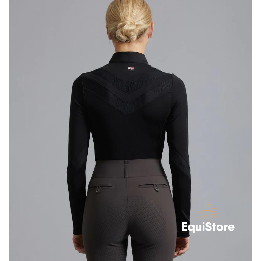 Premier Equine Arclos Ladies Technical Long Sleeve Riding Top in black, back detail