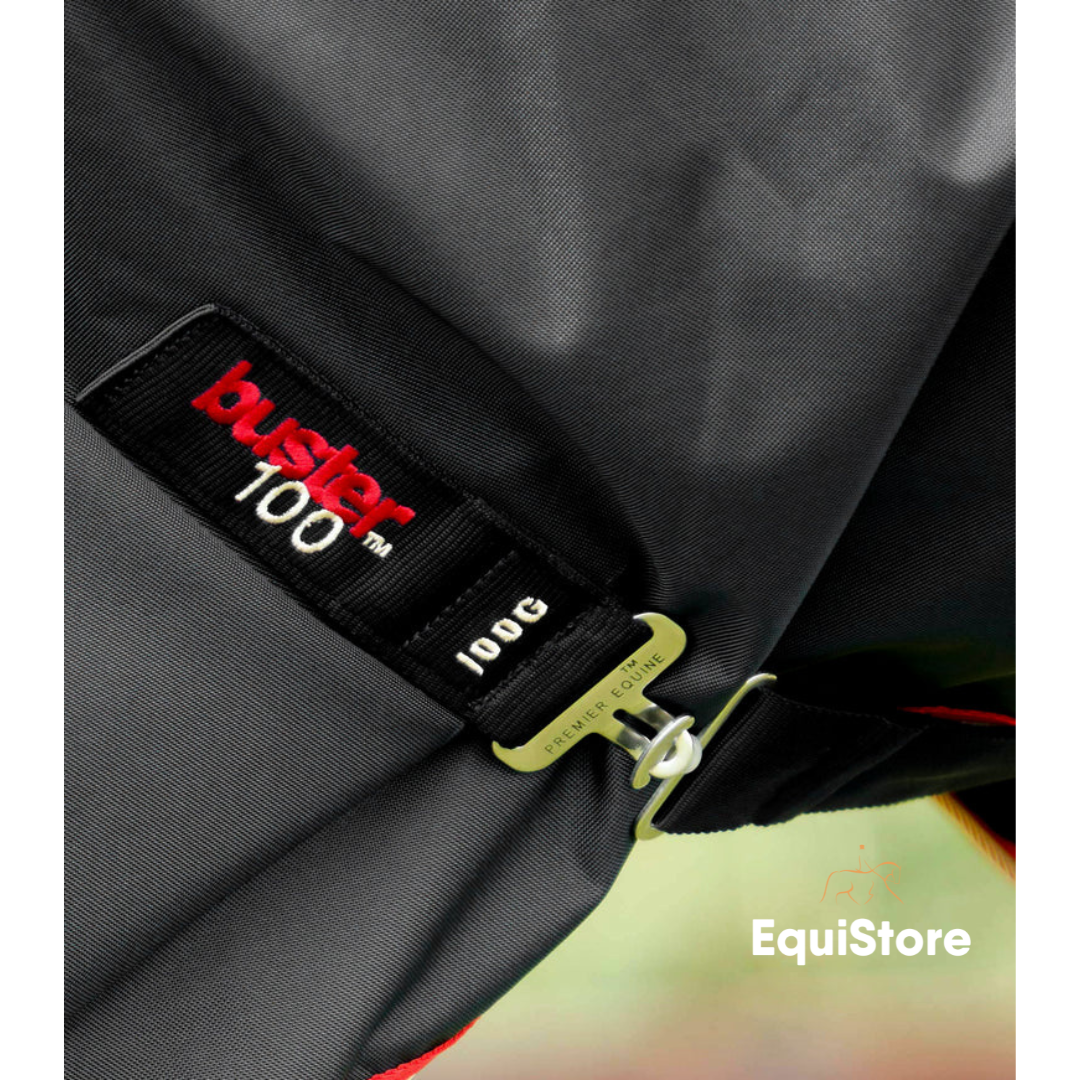 Premier Equine Buster 100g Turnout Rug with Snug-Fit Neck Cover for horses, in a black colour.